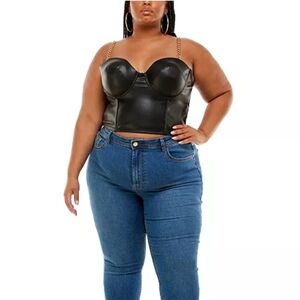 Black Faux Leather Bustier Top W/Removeable Straps